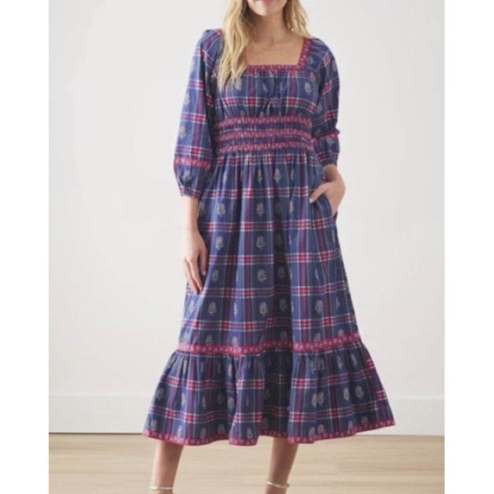 Printfresh Stroll Around Midi Dress Nostalgia Plaid Long Sleeve Cottagecore Sz L